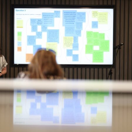 Close-up of a large screen displaying color-coded sticky notes in a workshop setting.